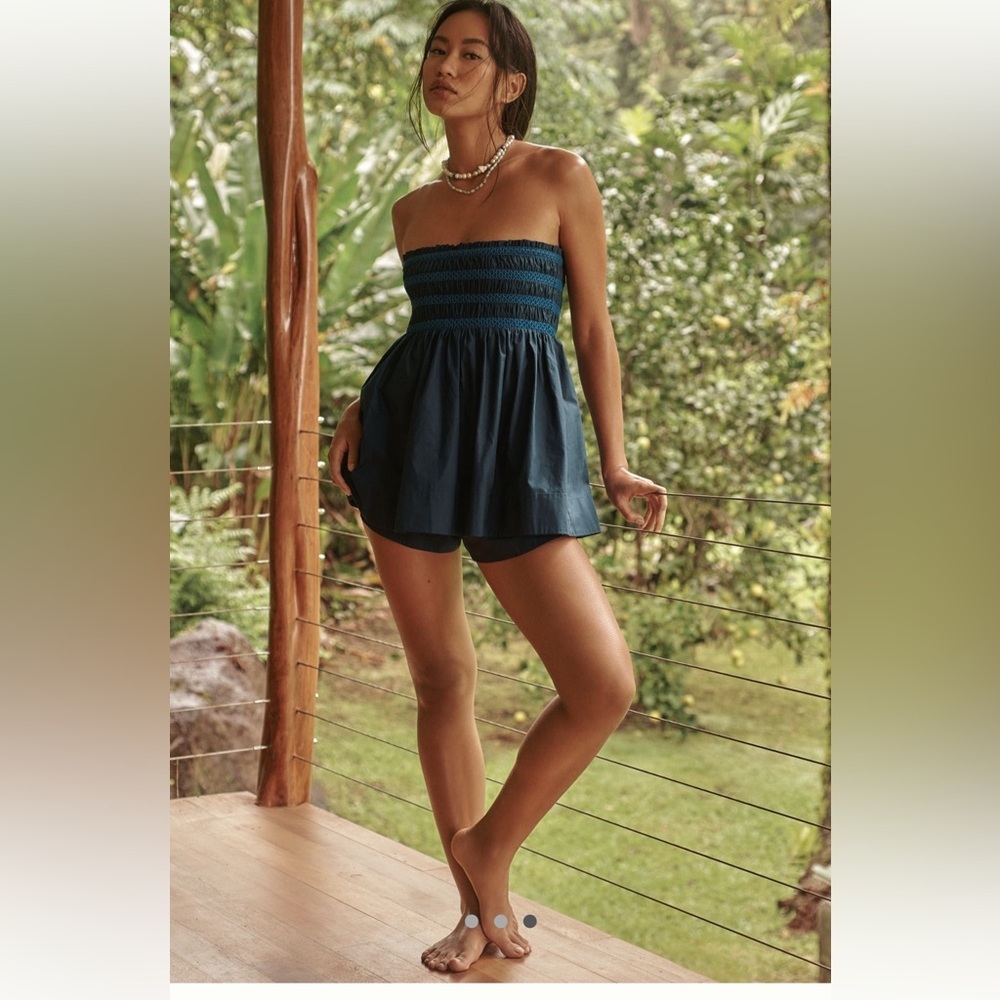 Anthropologie Strapless Smocked Navy Blue Peplum Top